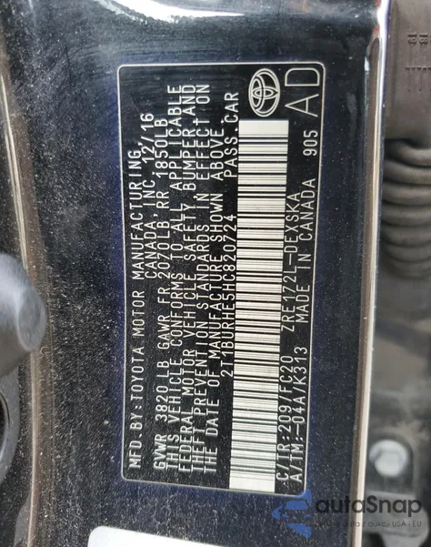 2017 Toyota Corolla L from USA, damaged, VIN 2T1BURHE5HC820724